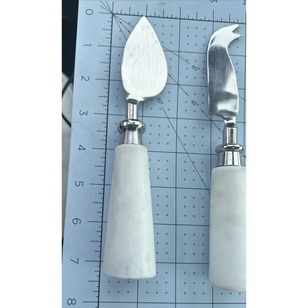 Set of 2 Cheese Knives Marble Handle White Stainless Steel. Charcuterie Board.
